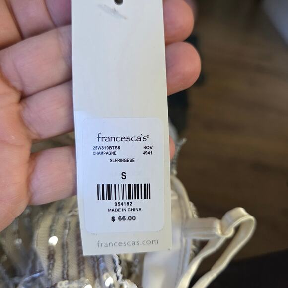 NWT Francesca's Champagne Sleeveless Sheer Net Fringe Sequin Party Club Dress S - Picture 11 of 11